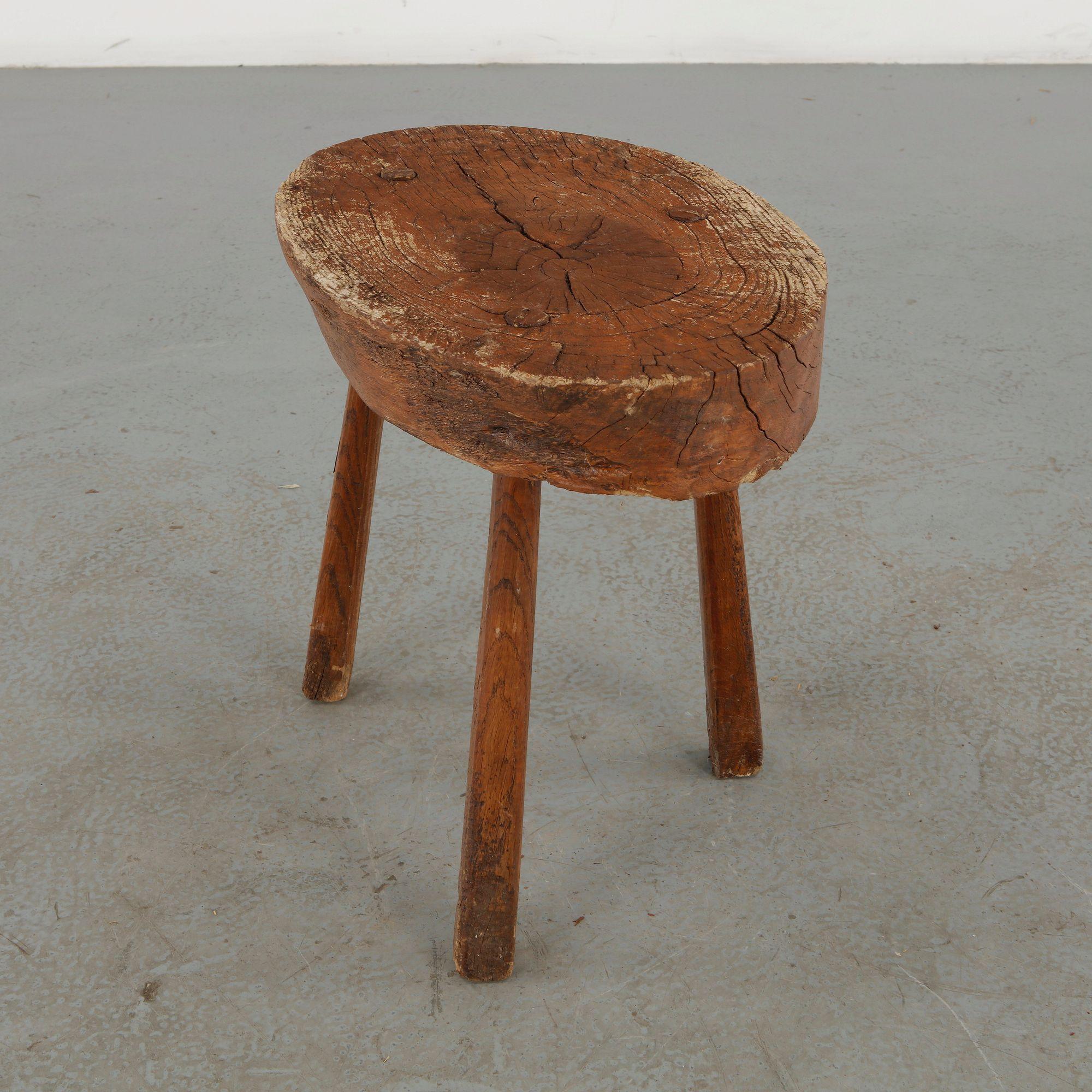 French Primitive Wooden Stool, 1960s