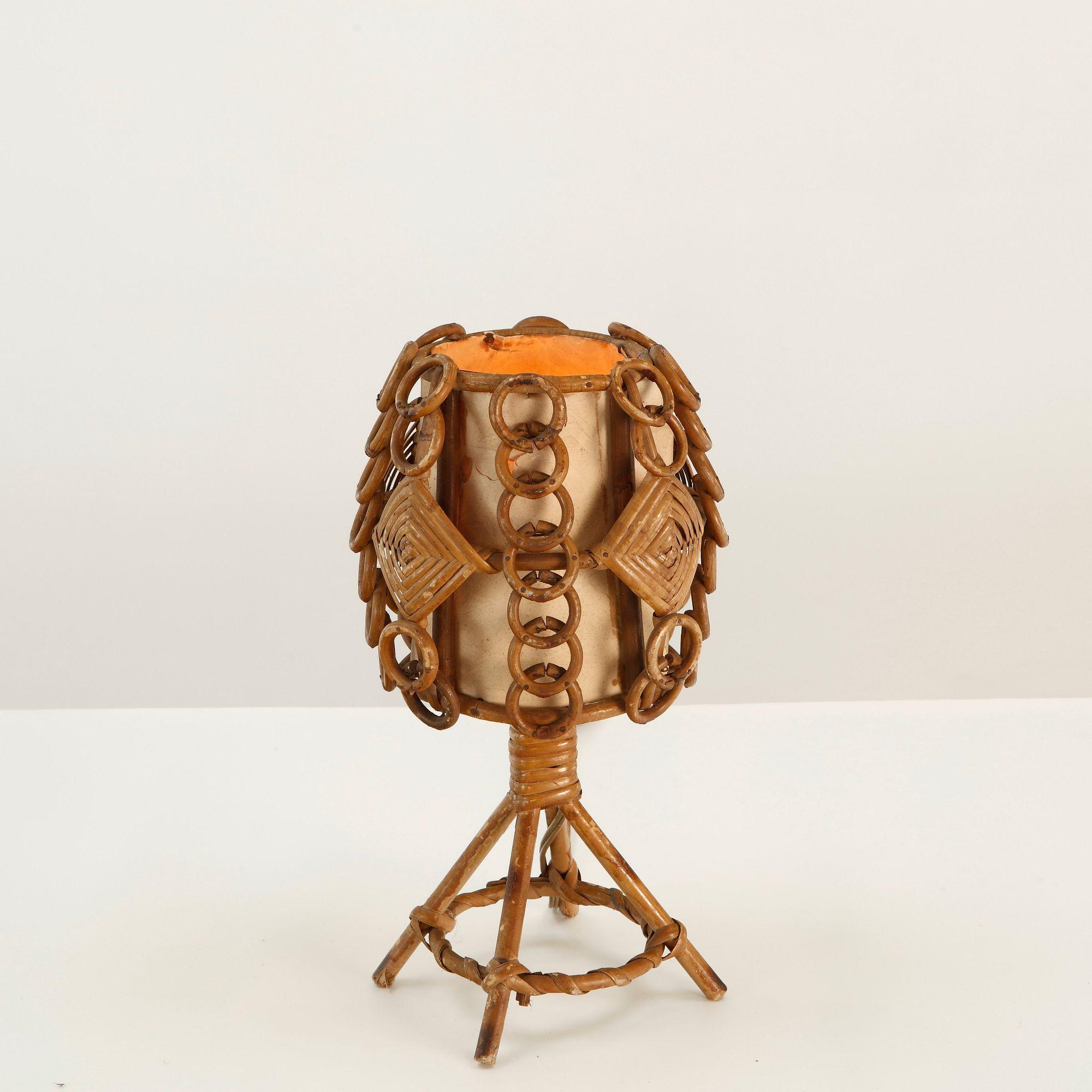 Louis Sognot, Rattan and Wicker Table Lamp with Ring Motif, 1960s