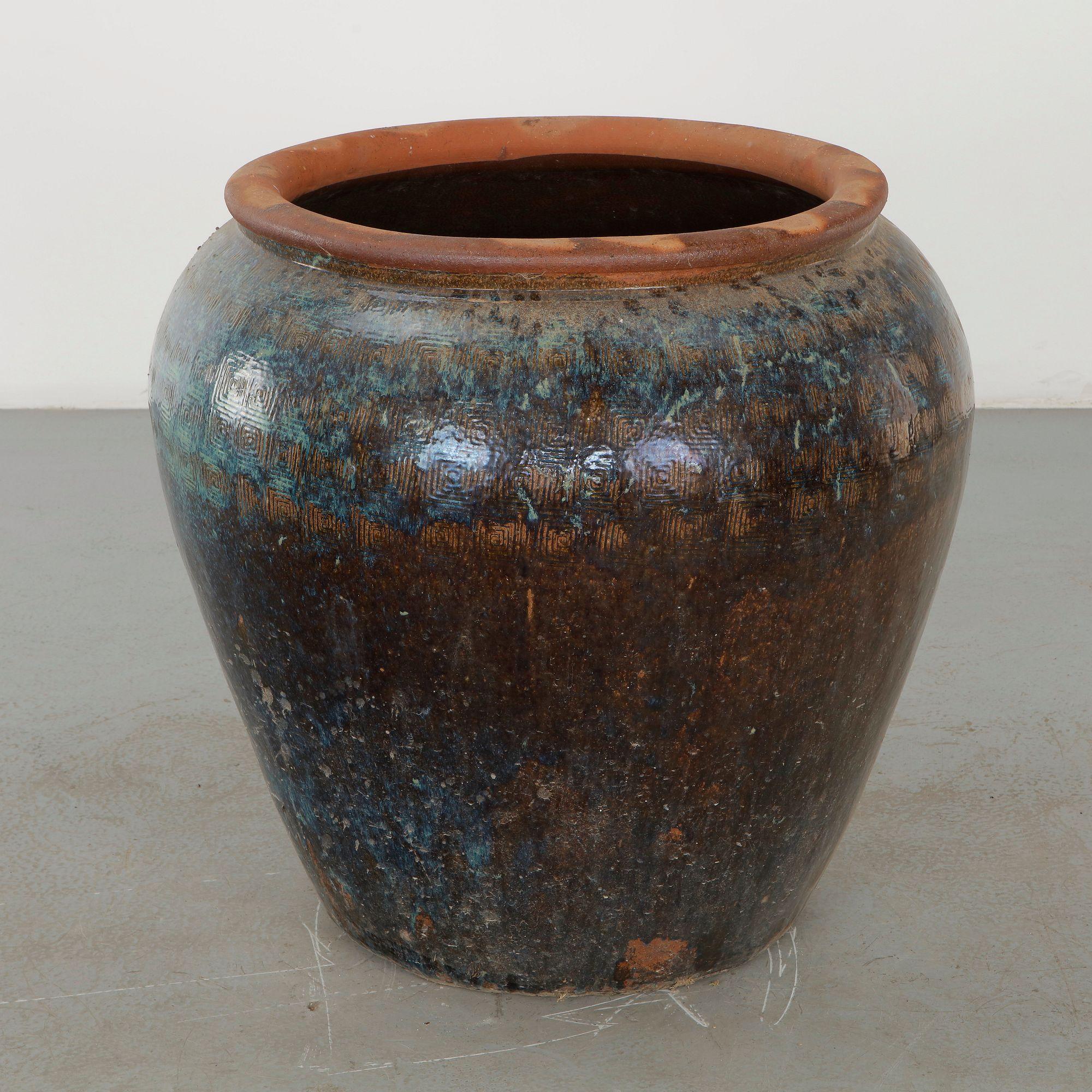 Large Glazed Ceramic Planter with Geometric Decoration, 1960s
