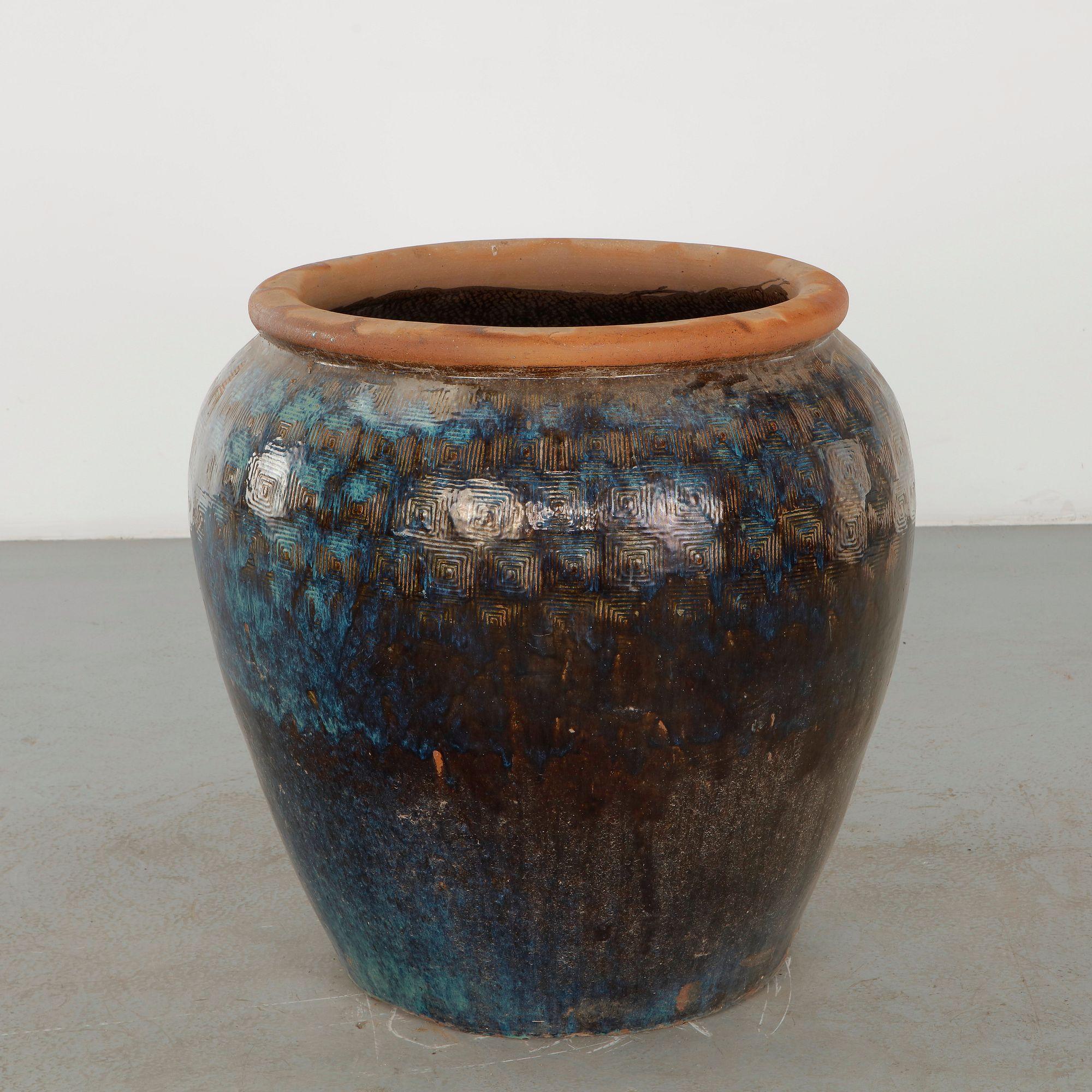 Large Glazed Ceramic Planter with Turquoise Geometric Band, 1960s