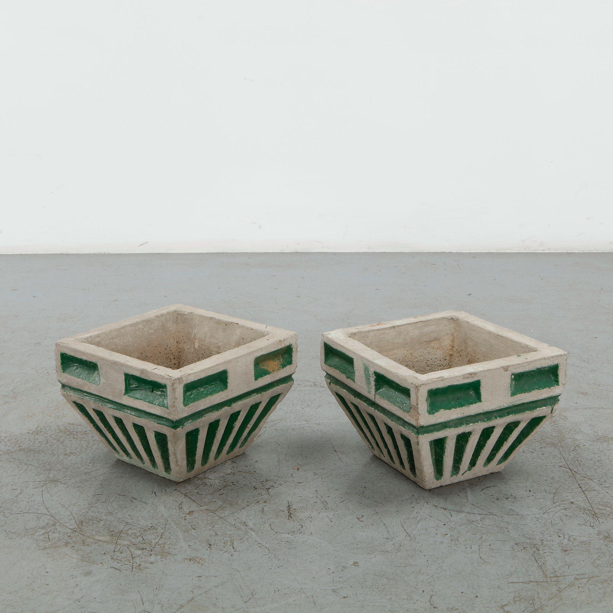 Pair of Art Deco Geometric Concrete Planters, 1930s