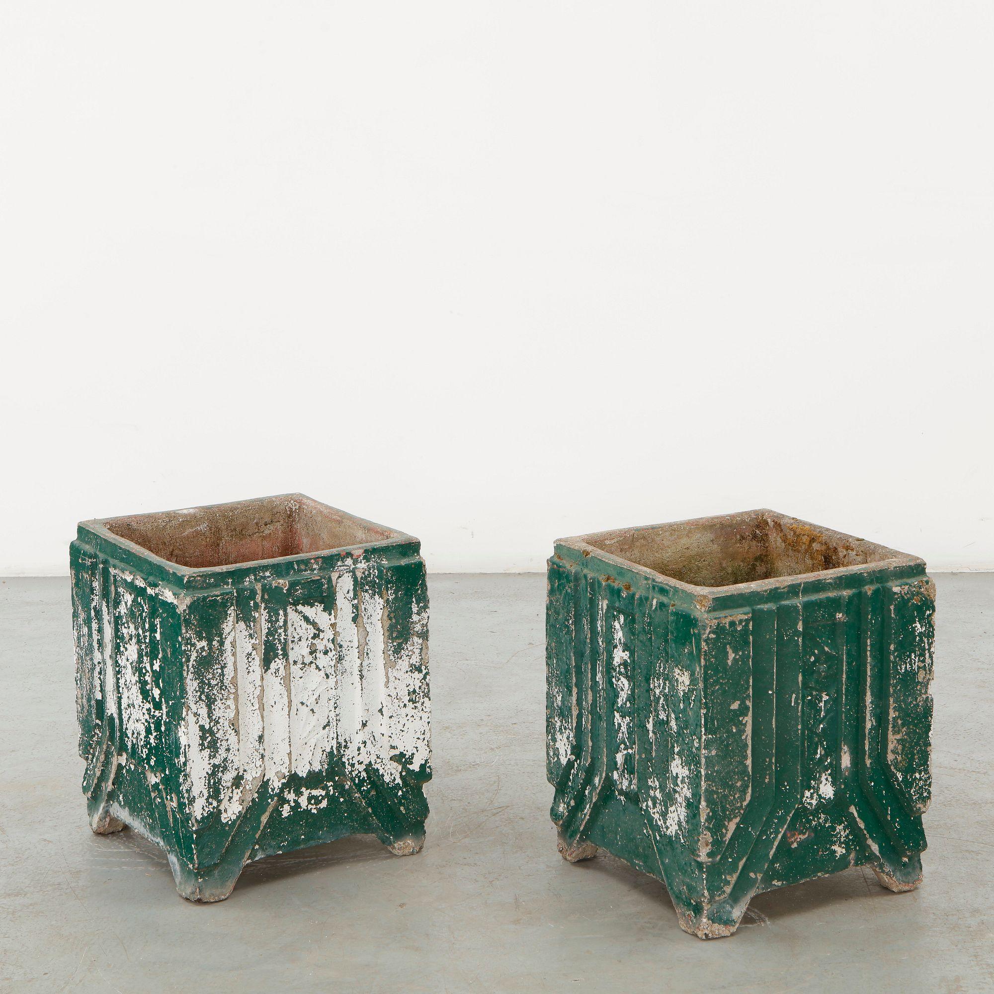 Pair of Monumental Green Concrete Planters, 1960s