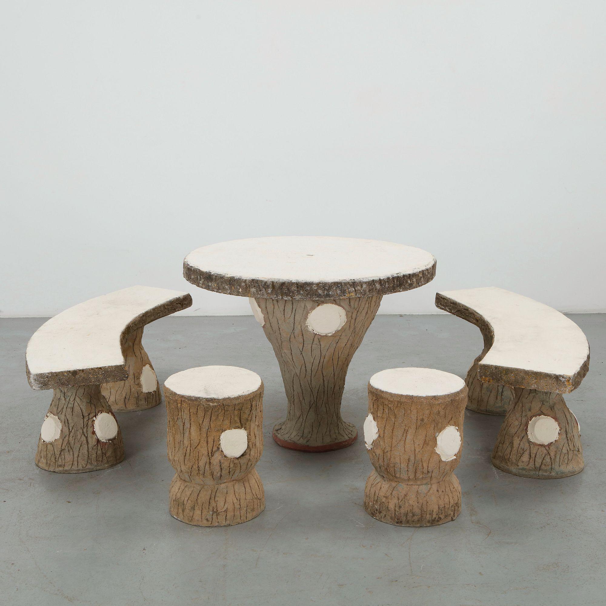Faux Bois Outdoor Dining Set with Painted White Accents, 1960s