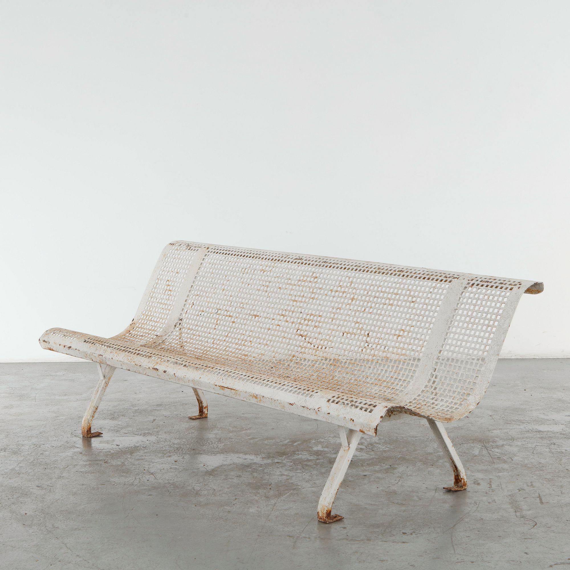 Rene Malaval, White Perforated Metal Bench, 1950s