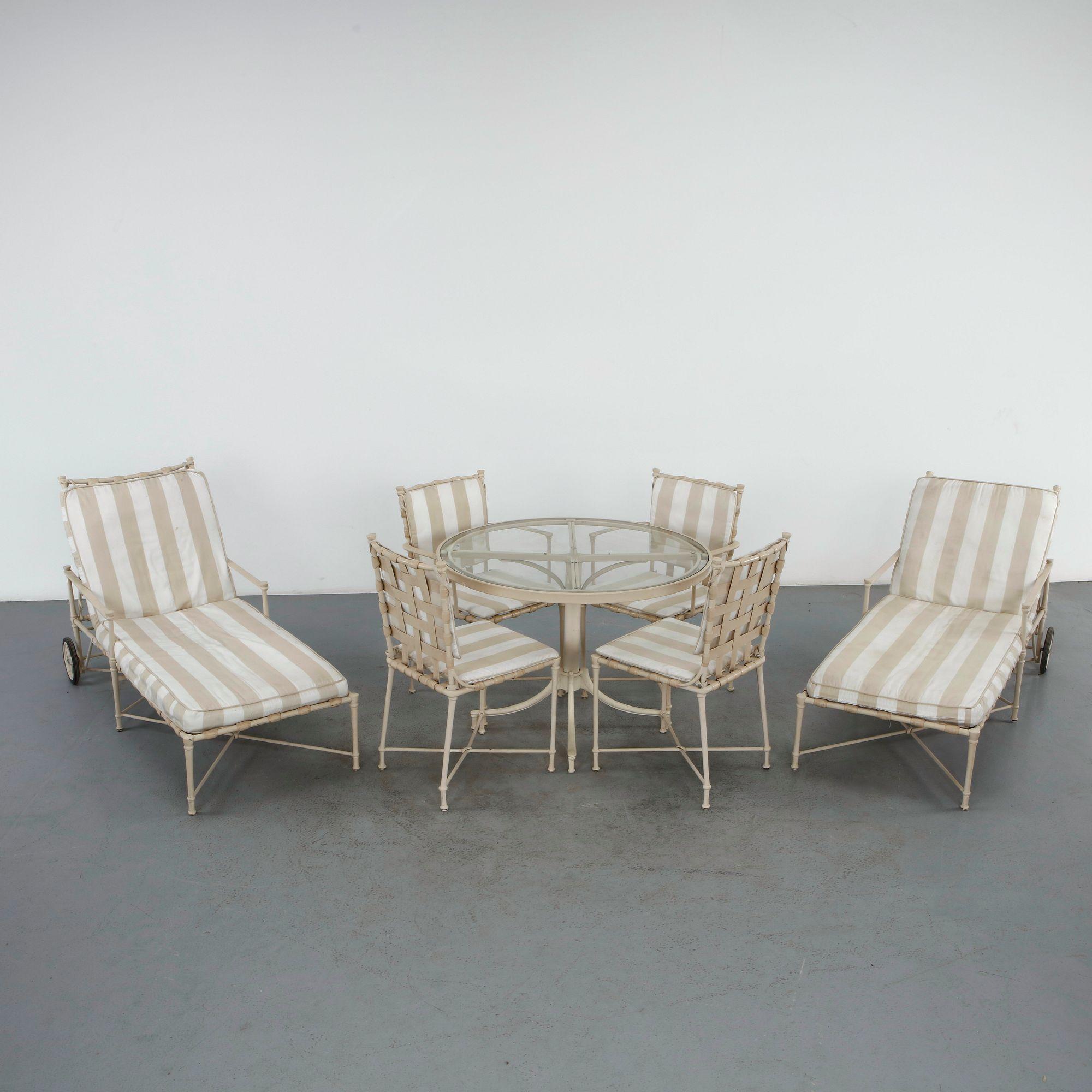 Brown Jordan, Florentine Wrought Iron Outdoor Dining Set with Matching Chaise Lounges, 1950s