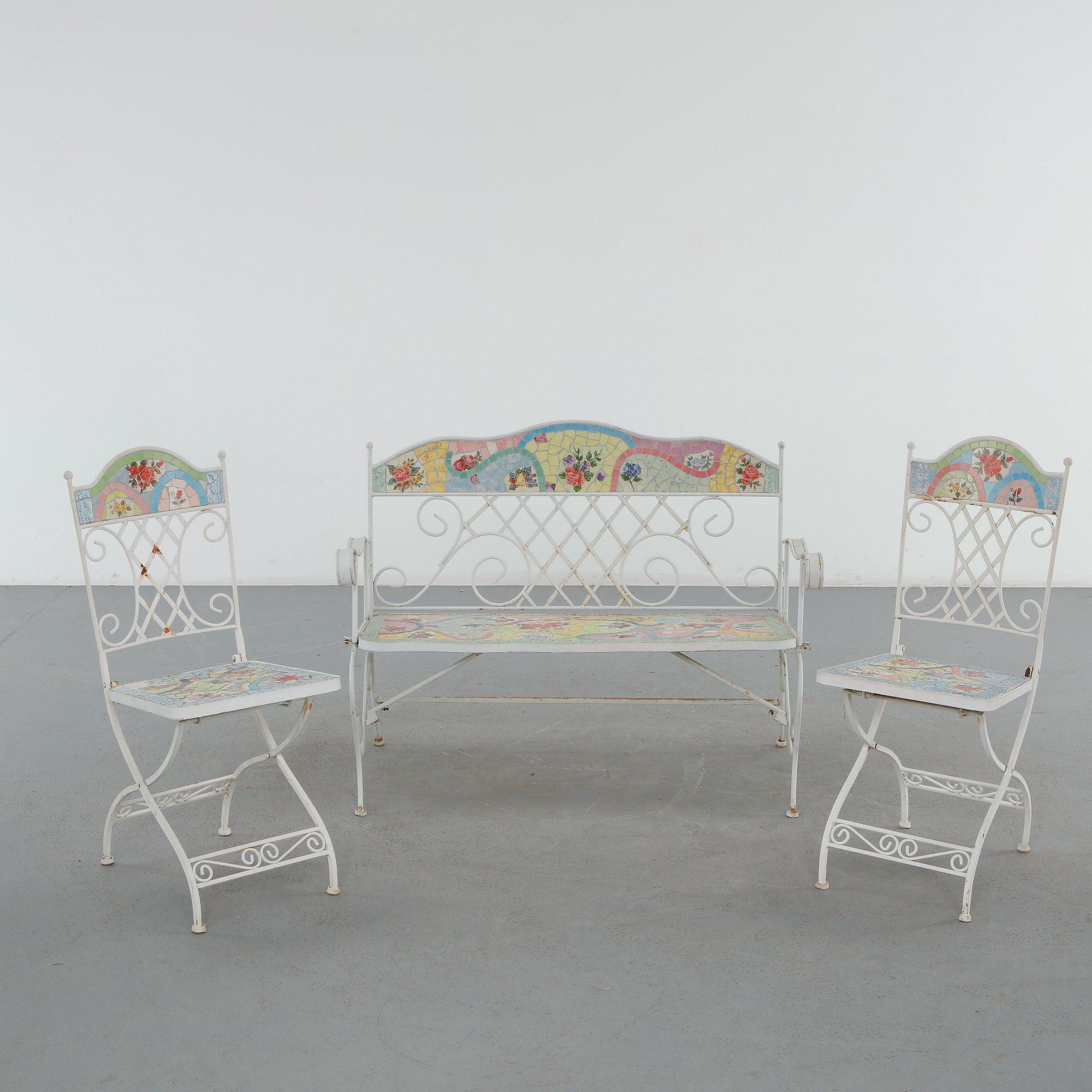 Wrought Iron Mosaic Tile Garden Bench and Pair of Folding Chairs, 1960s