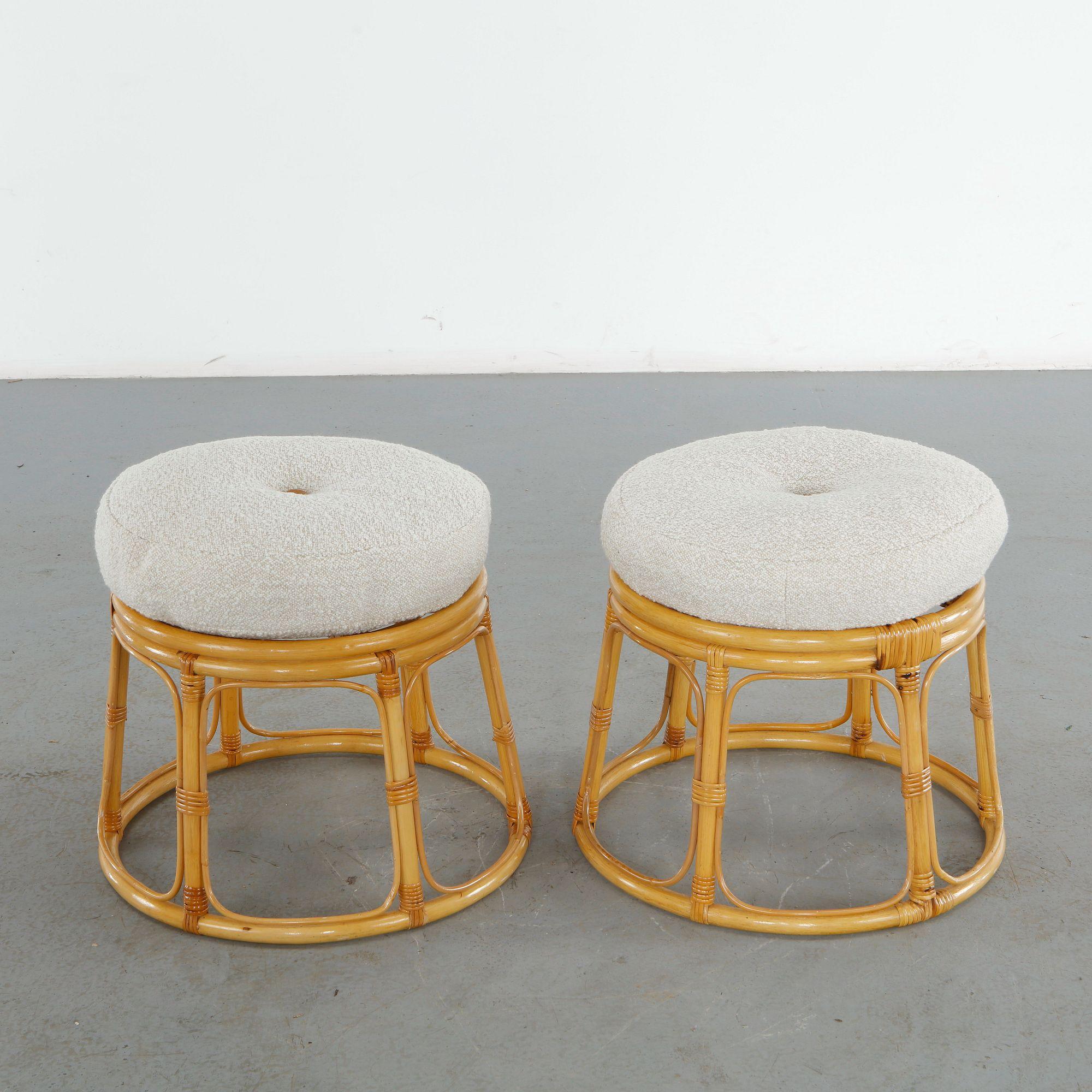 Tito Agnoli, Pair of Rattan and Wicker Round Pouf Stools, Italy, 1960s