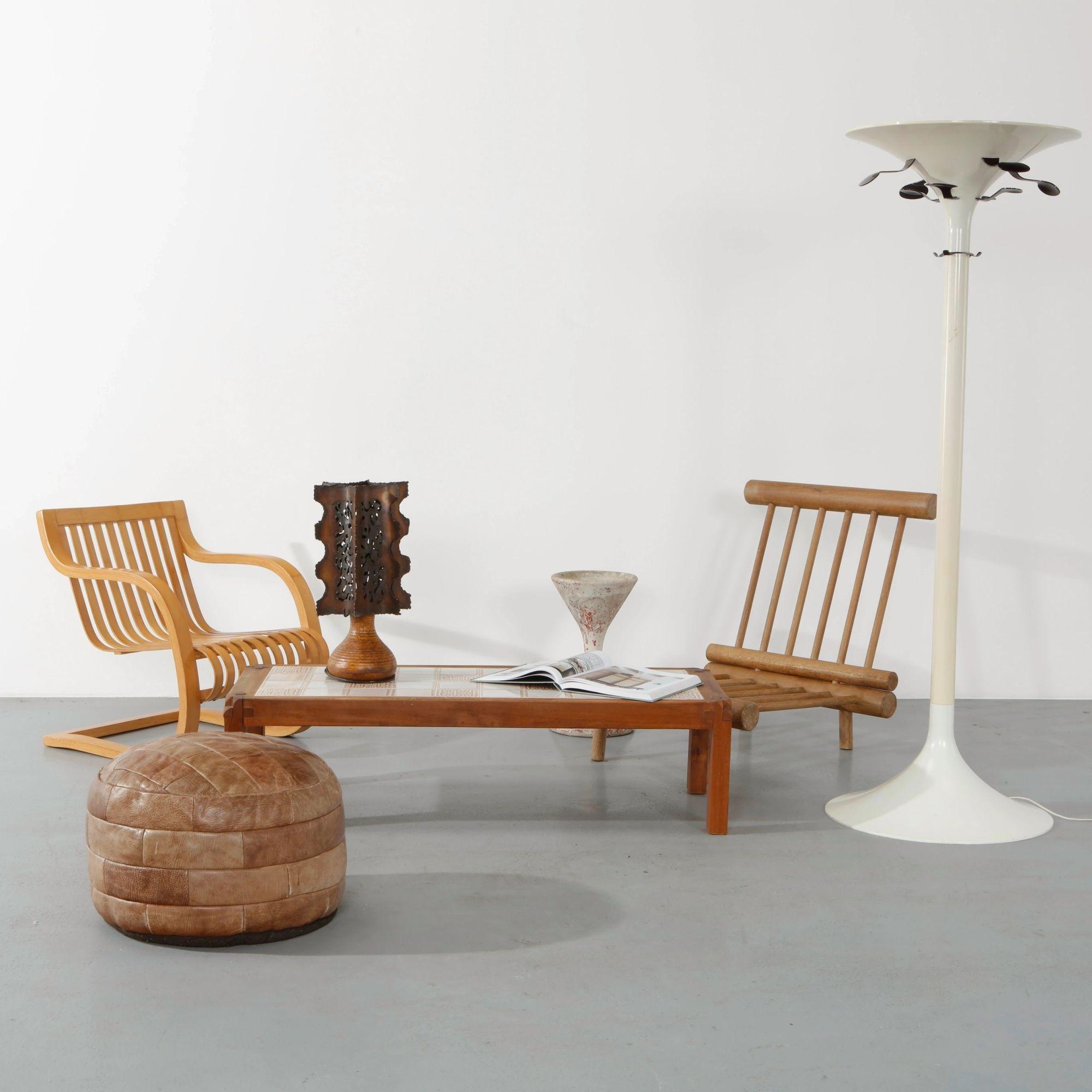 Bent bamboo lounge chairs, coffee table and tulip floor lamp