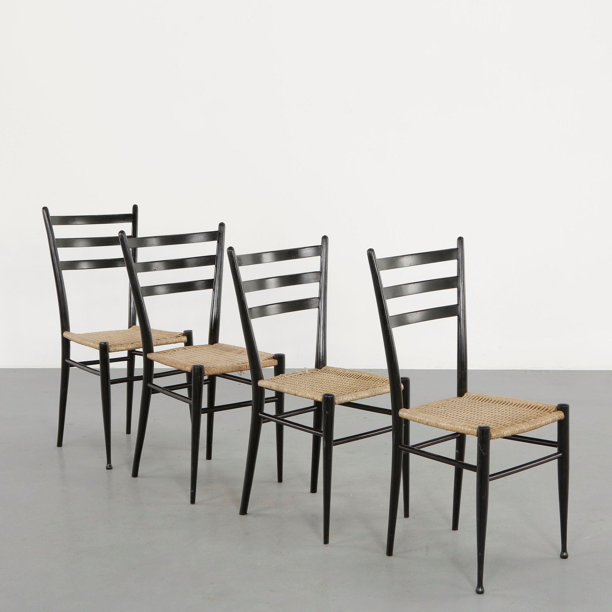 Set of Four Rope and Black Laquered Wood Chairs in the style of Gio Ponti, 1960s