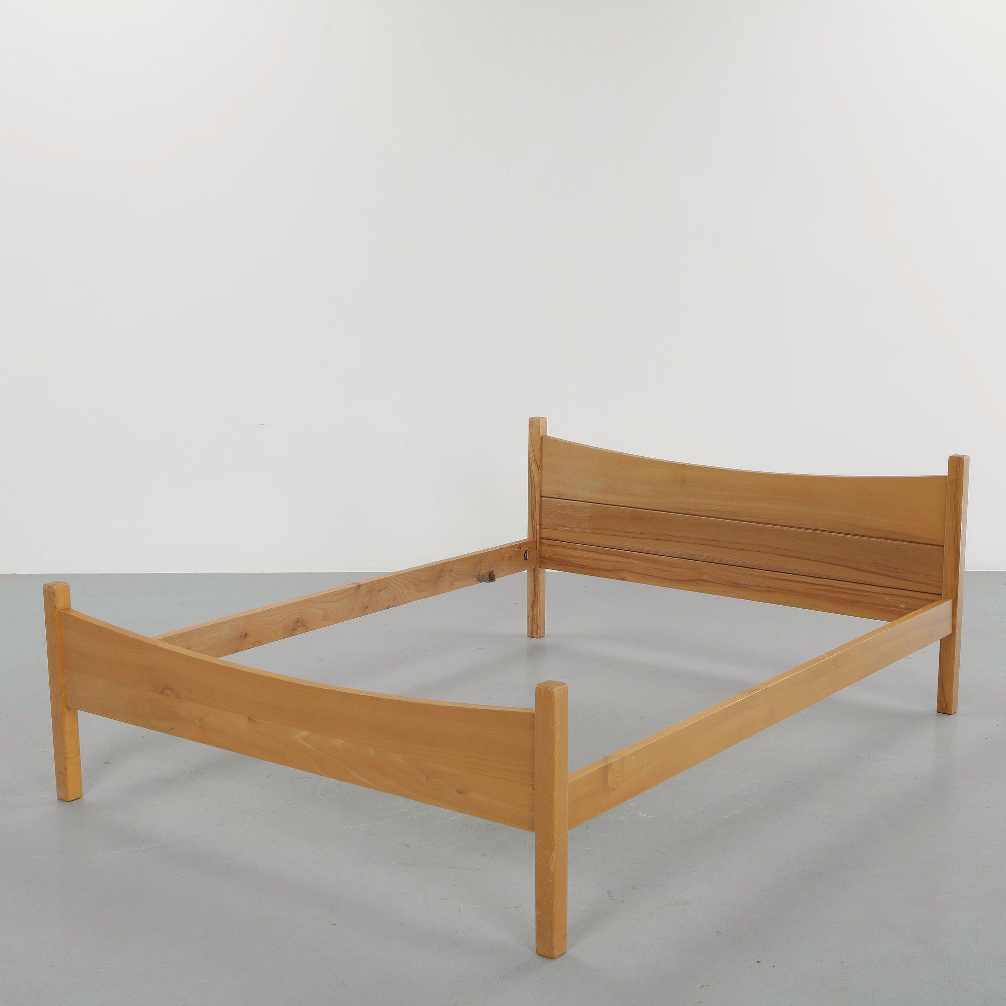 French Midcentury Solid Pine Full Bedframe, 1960s