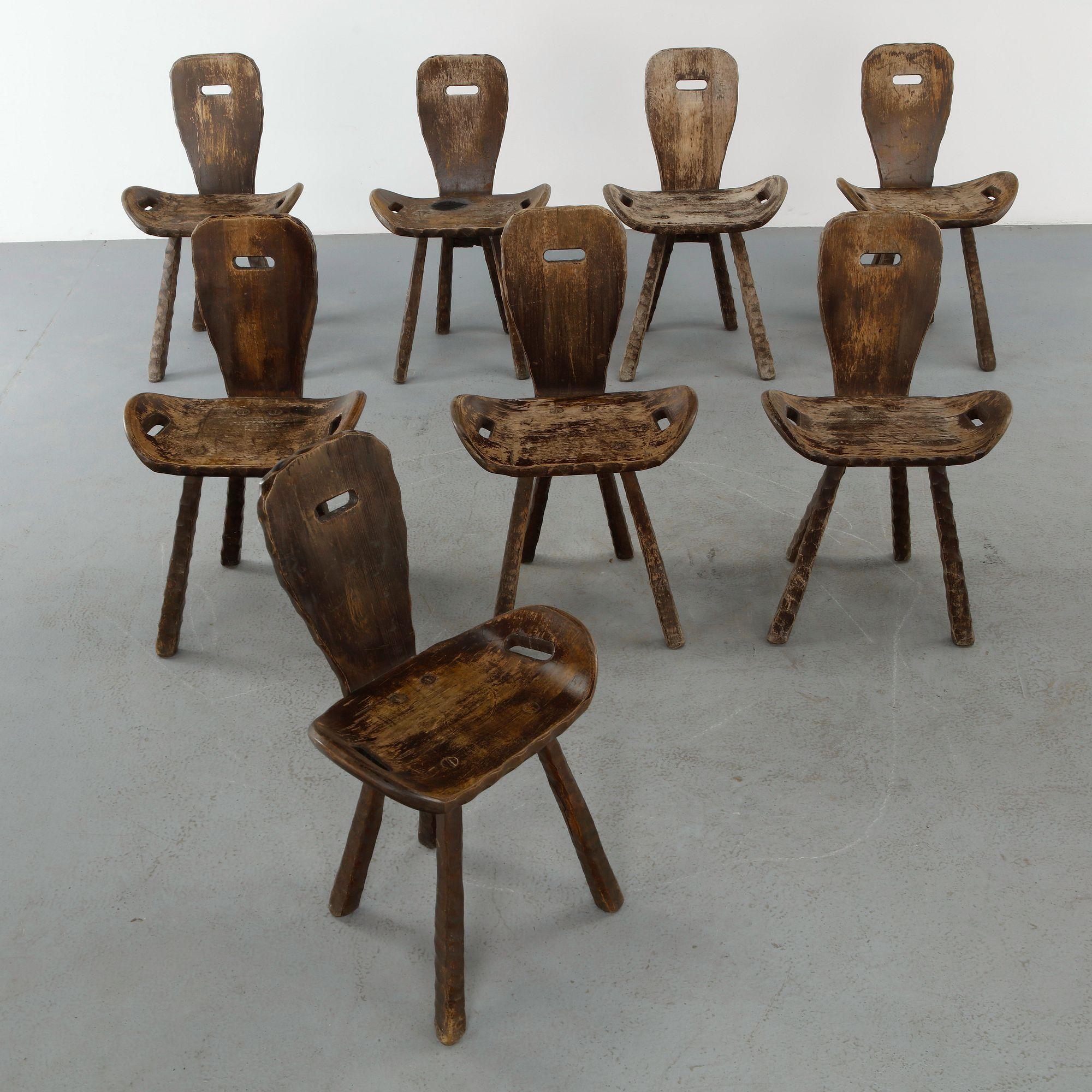 Set of Eight Brutalist Wood Chairs, 1950s