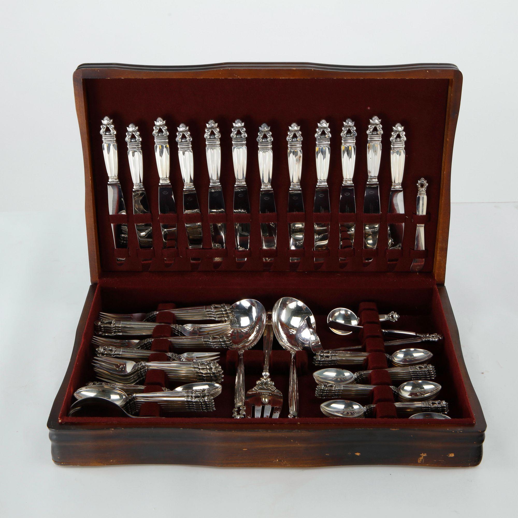 Georg Jensen, Acorn Sterling Silver Flatware, Solid Approximately 3030 Grams