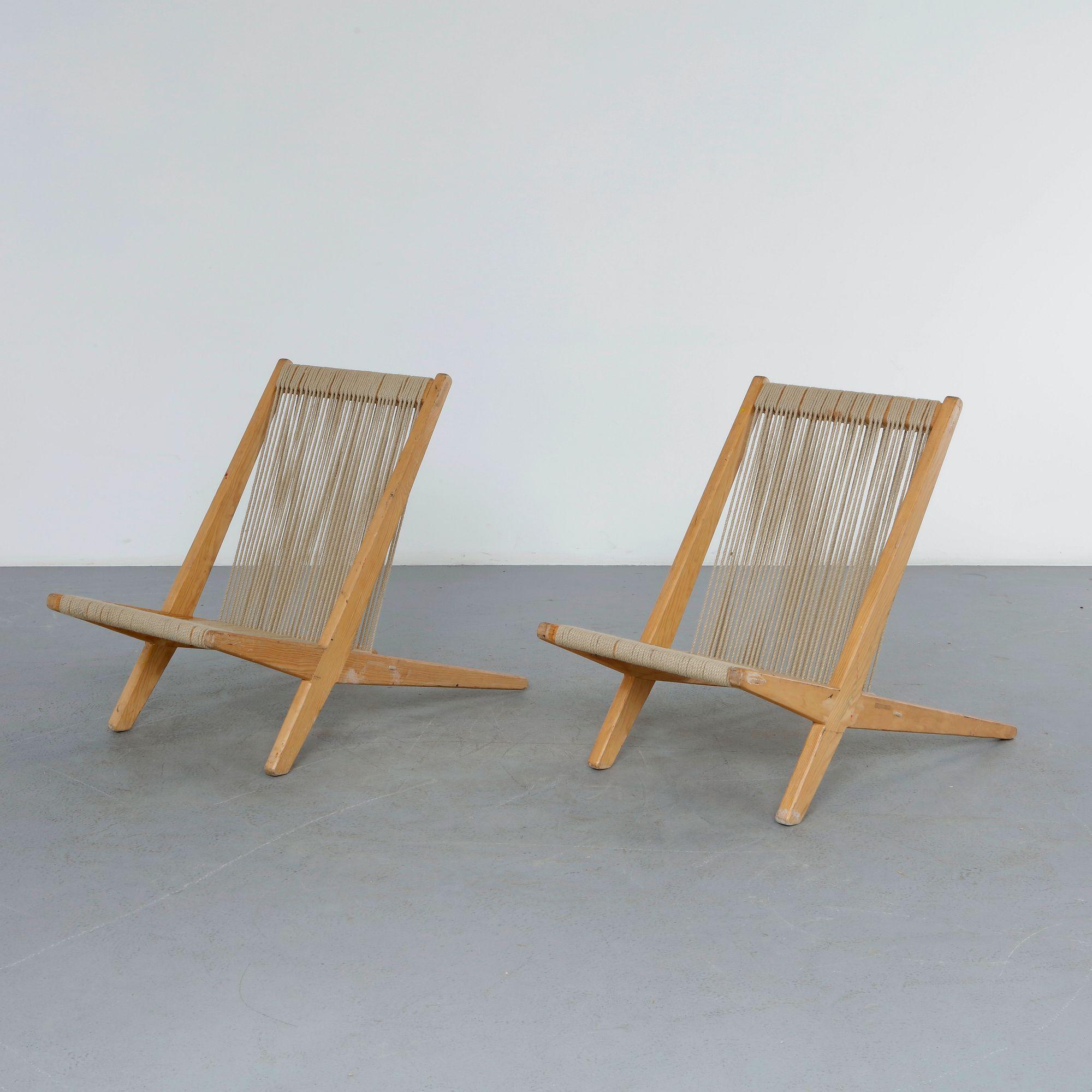 Pair of Danish Chairs in Pine and Papercord in the style of Poul Kjaerholm and Jorgen Hoj, 1960s