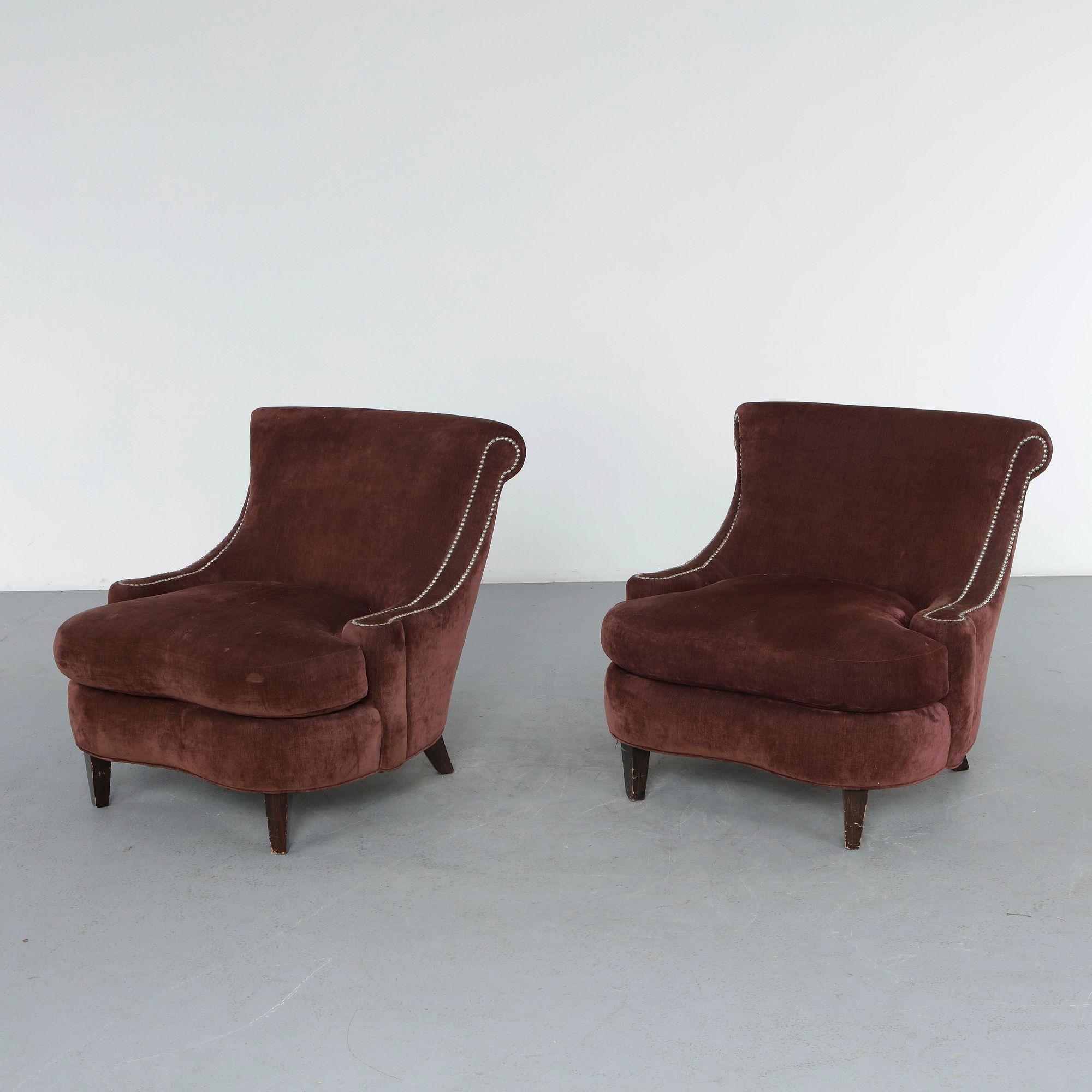 Pair of Burgundy Velvet Lounge Chairs in the style of Ralph Lauren, 1980