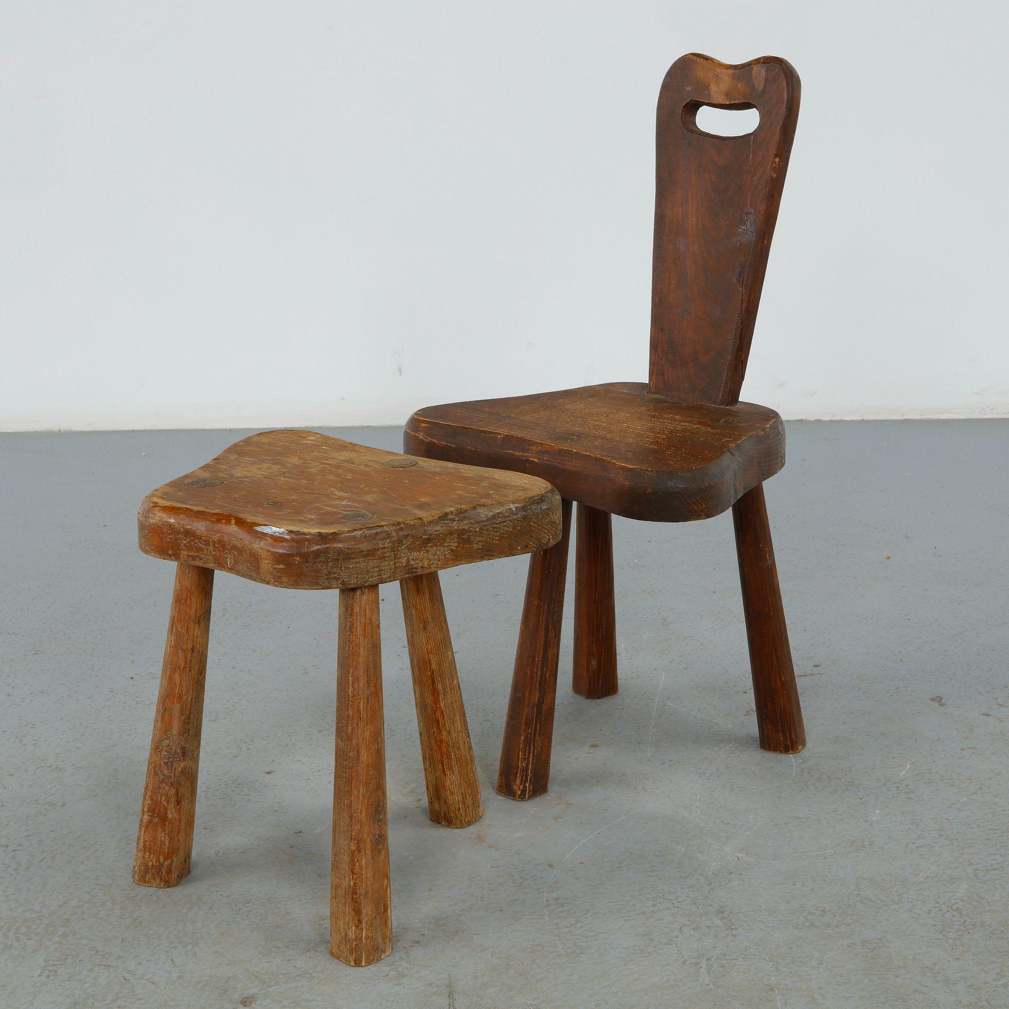 Pair of Hand-Carved Rustic Chair and Stool, 1960s