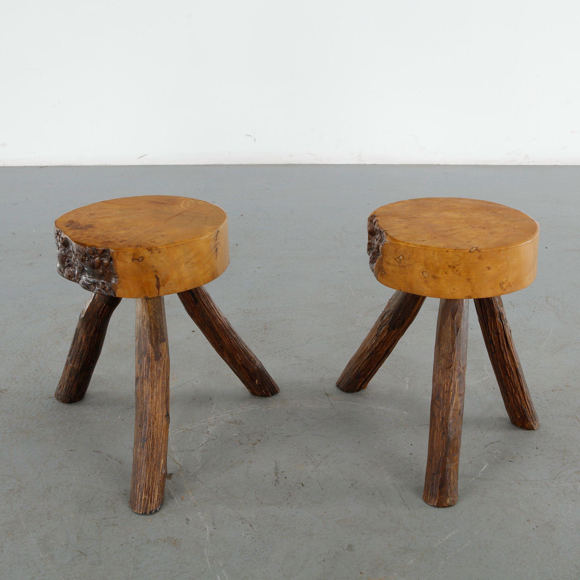Pair of Burlwood Stools with Rustic Legs, 1960s