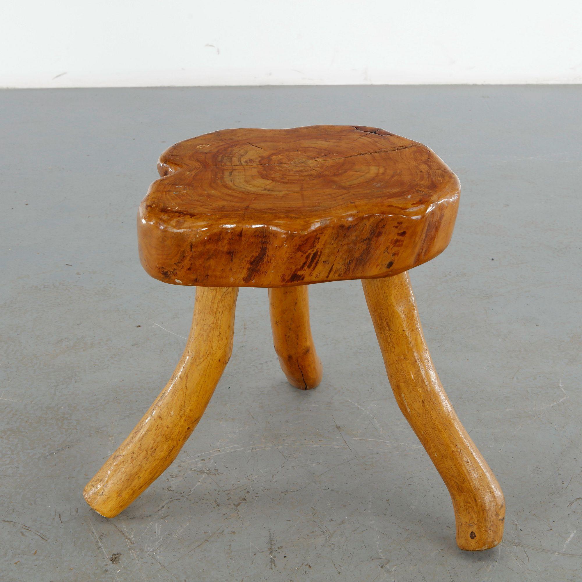 Brutalist Solid Wood Stool, 1960s