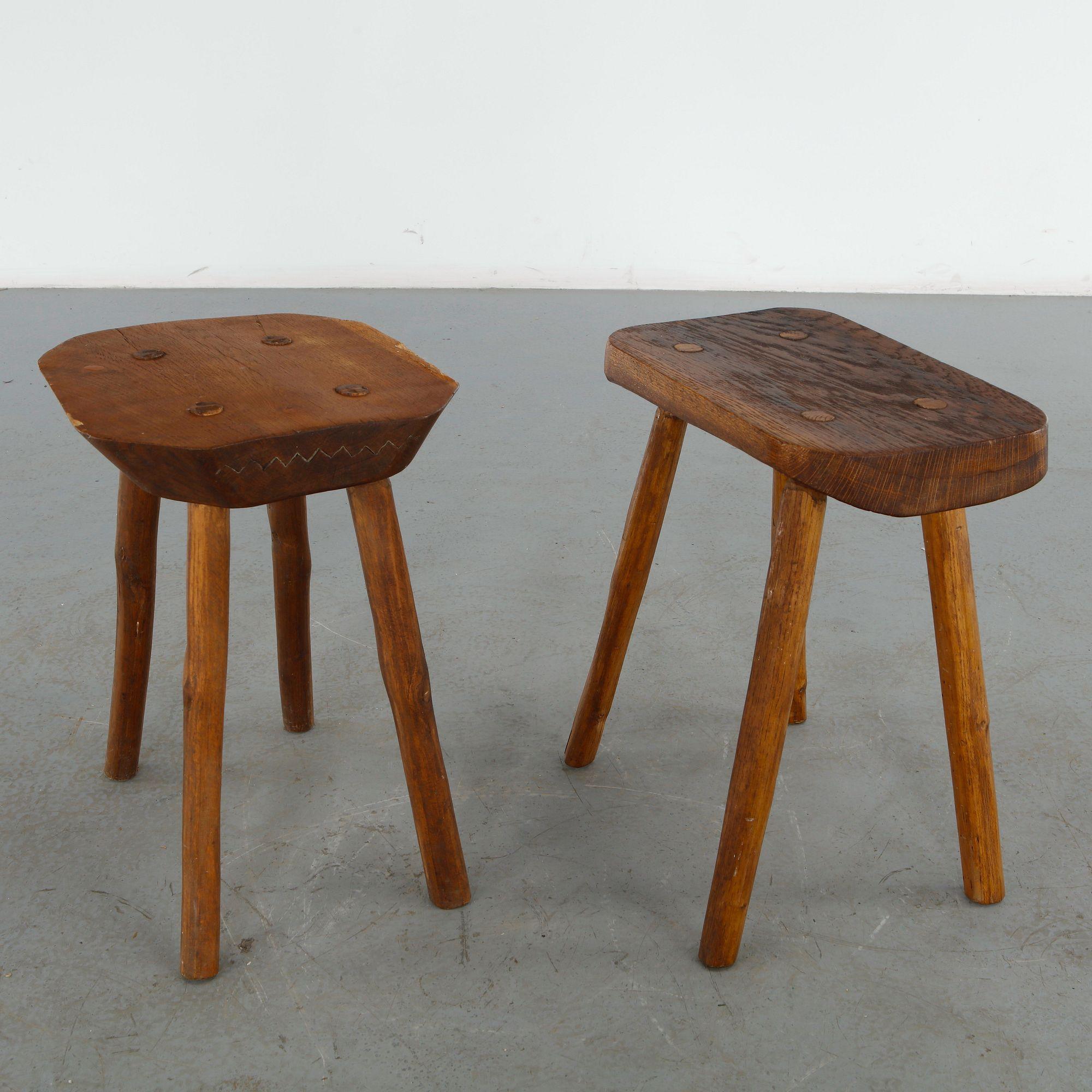 Pair of Rustic Solid Wood Stools, 1960s