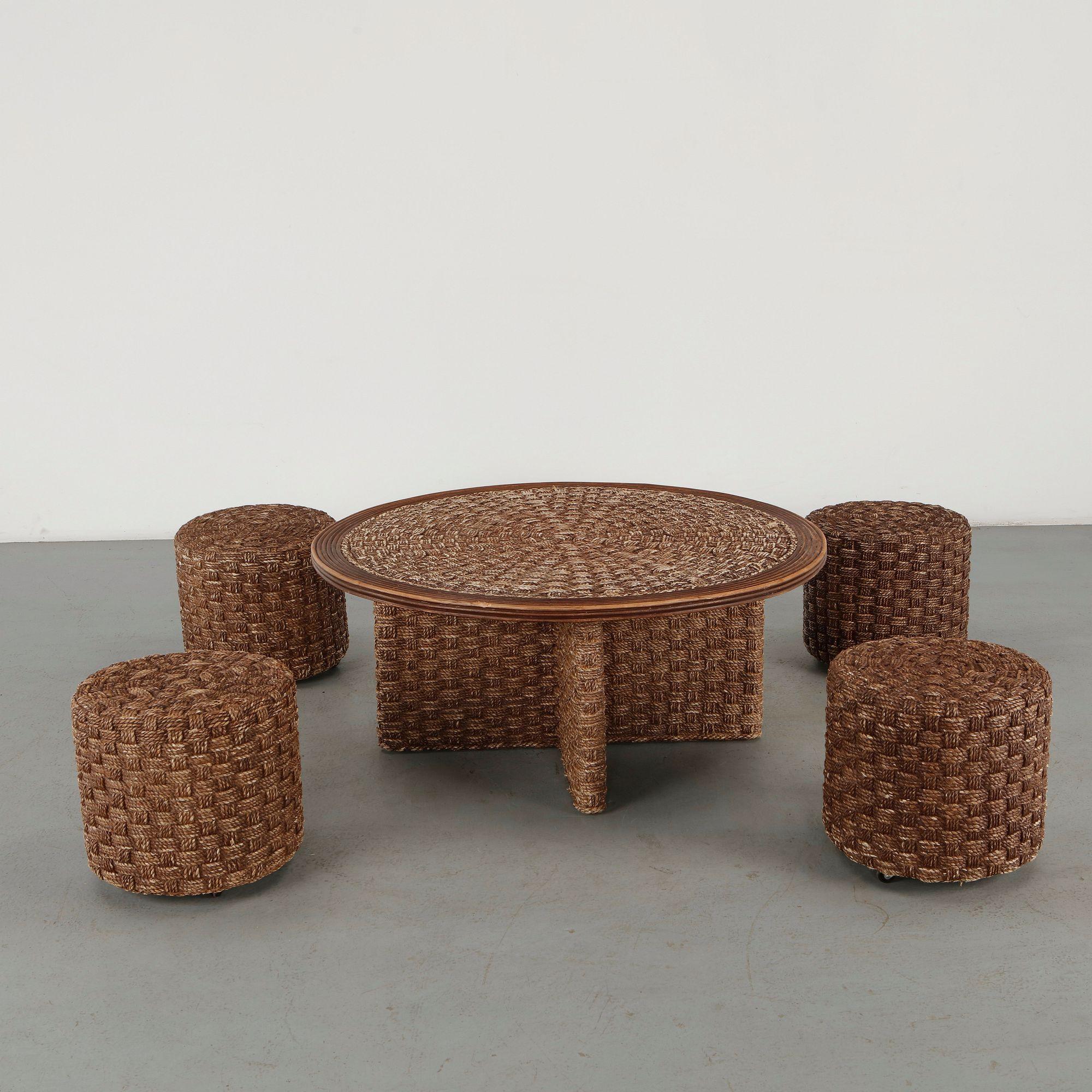 Organic Low Table with Four Handwoven Stools in the Style of Audoux Minet, 1960s