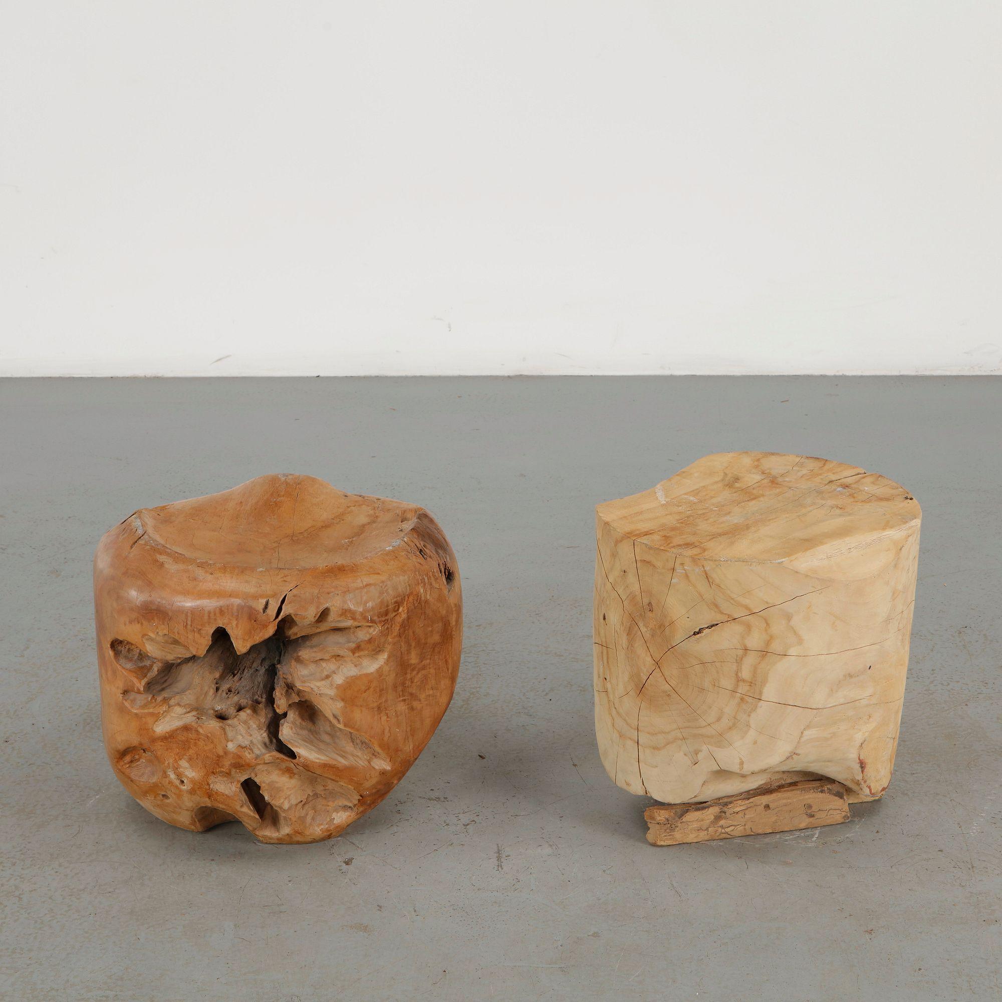 Pair of Handcarved Solid Wood Stools
