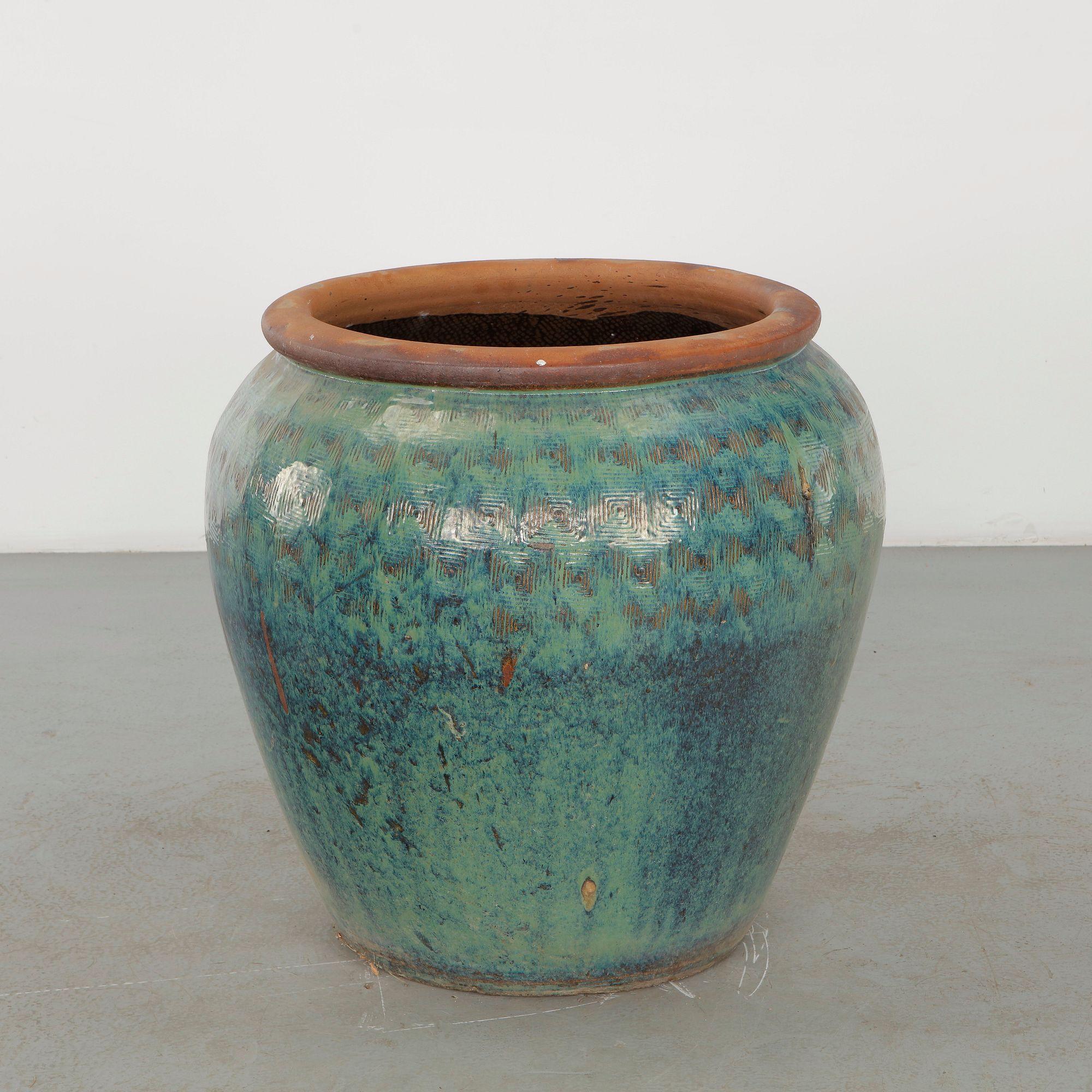 Large Glazed Ceramic Planter with Turquoise Geometric Band, 1960s