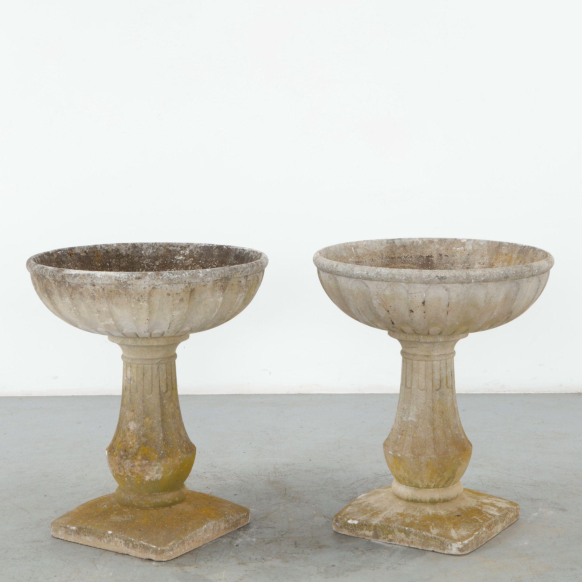 Pair of Cast Stone Pedestal Garden Planters, 1960s